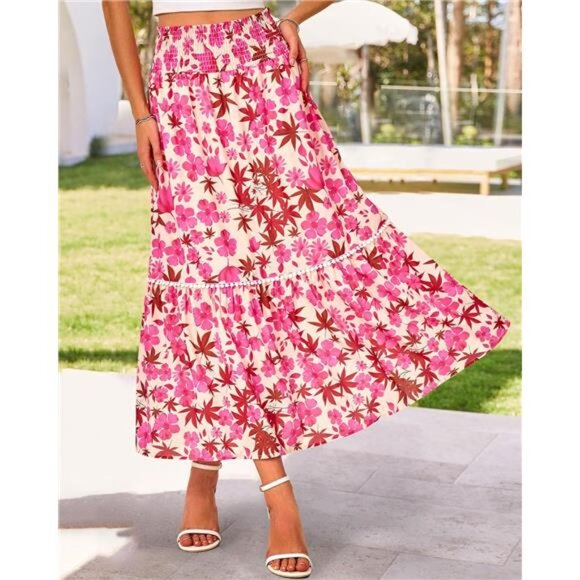 Women Floral Long Skirts Casual Elastic High Waist Pleated Swing A Line Boho - Picture 4 of 7